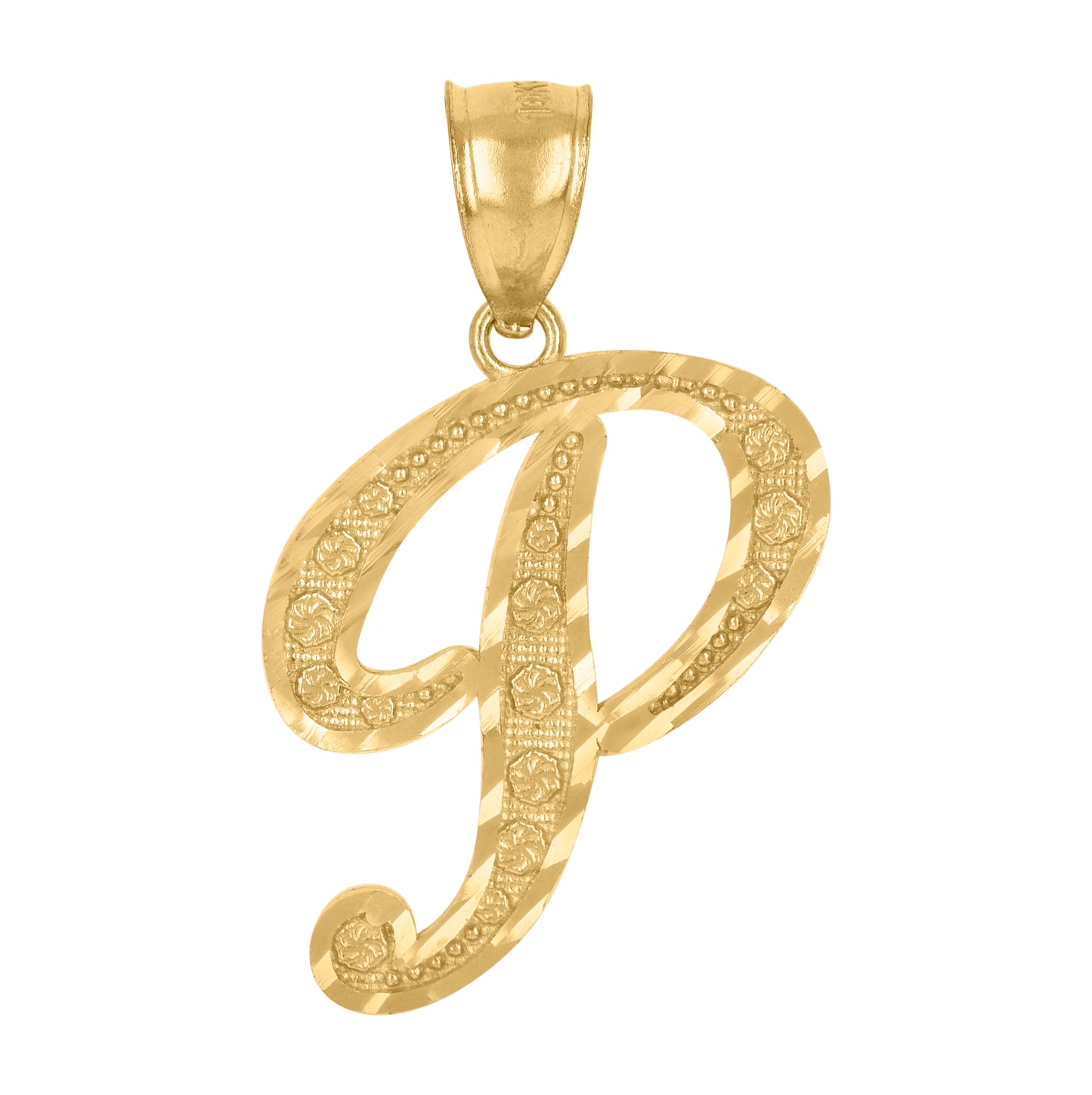 10K Yellow Gold Unisex Diamond-Cut Floral Initial Letter Charm Pendant