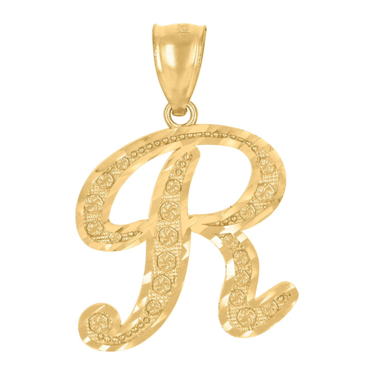 10K Yellow Gold Unisex Diamond-Cut Floral Initial Letter Charm Pendant