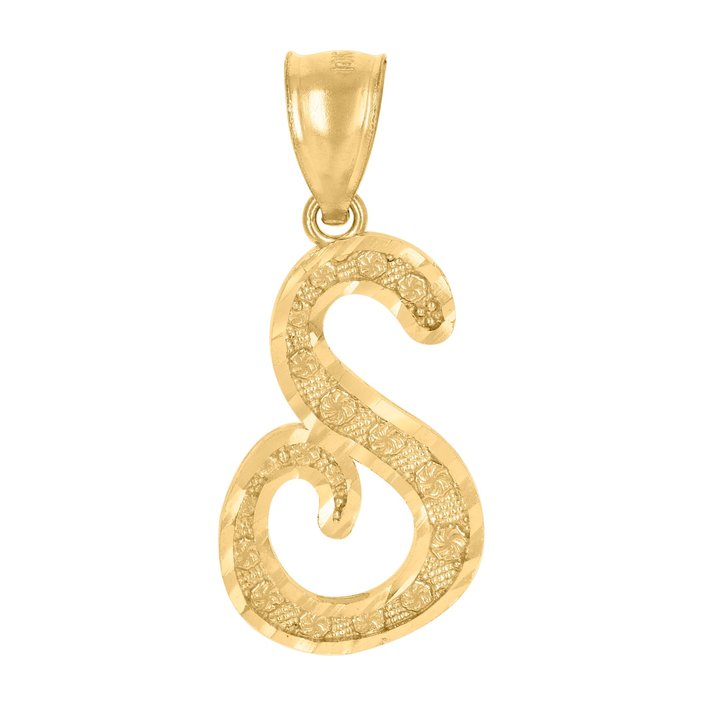 10K Yellow Gold Unisex Diamond-Cut Floral Initial Letter Charm Pendant