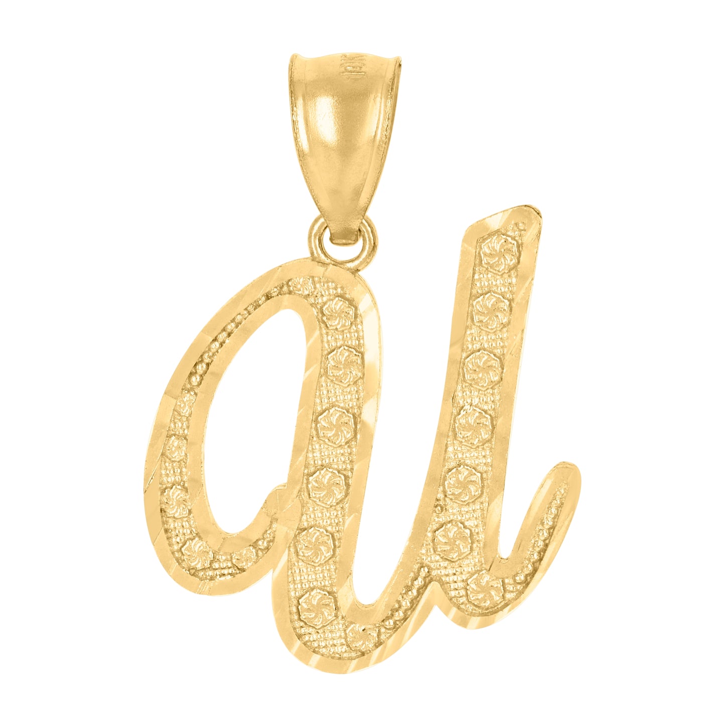 10K Yellow Gold Unisex Diamond-Cut Floral Initial Letter Charm Pendant