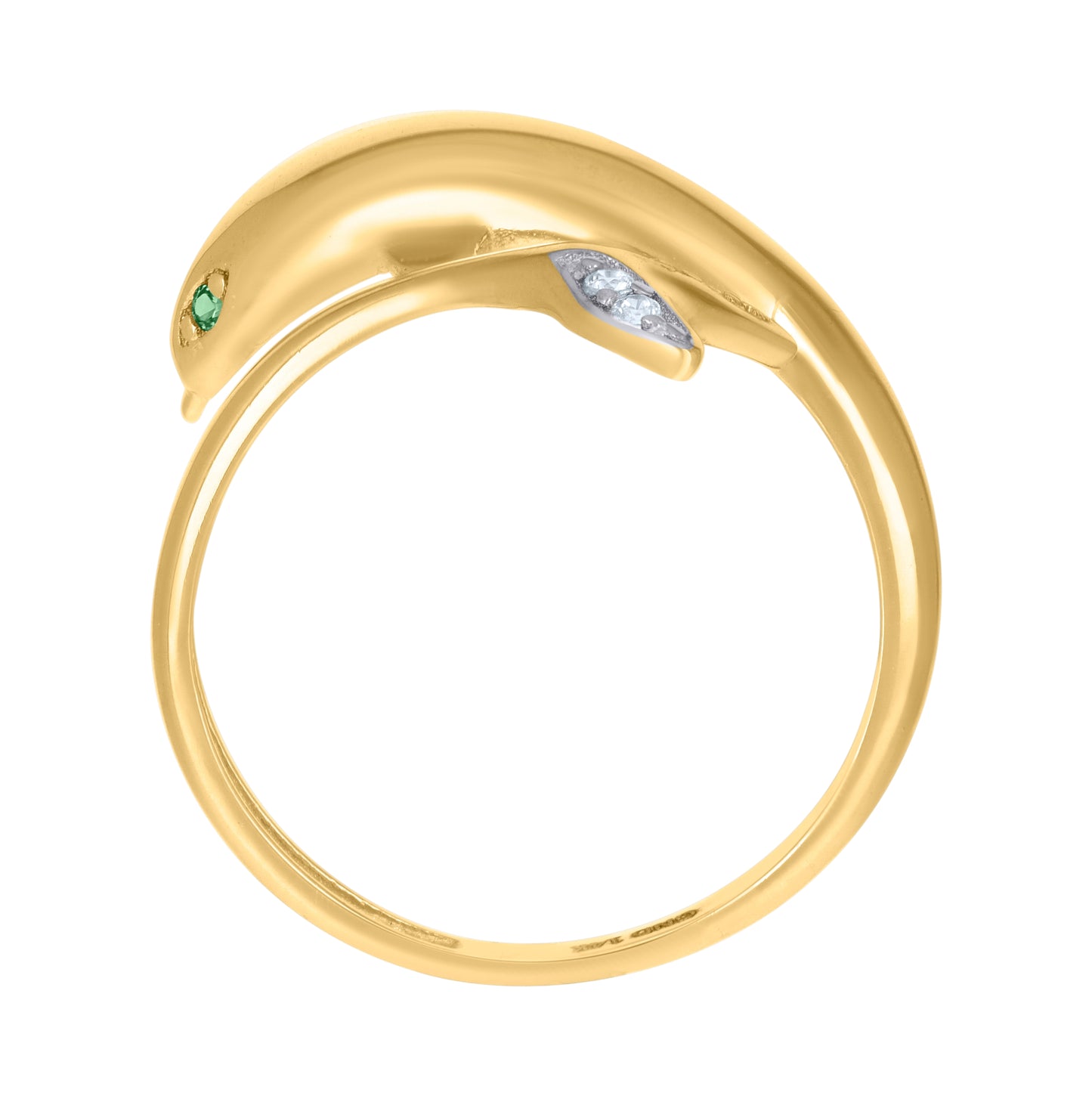 14K Yellow Gold Womens Green White Cubic-Zirconia Dolphin Ocean Ring