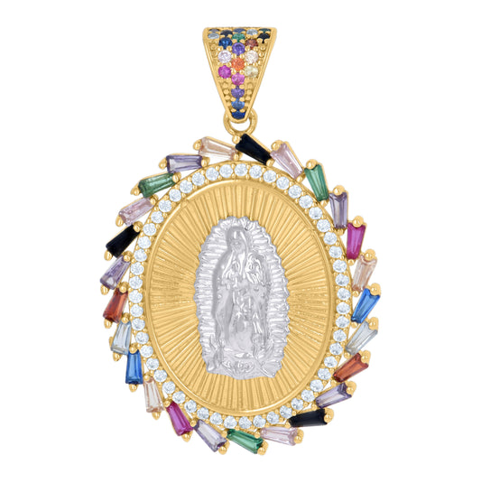 14K Two-Tone Gold Womens Multi-Color Baguette Round Cubic-Zirconia Guadalupe Religious Charm Pendant