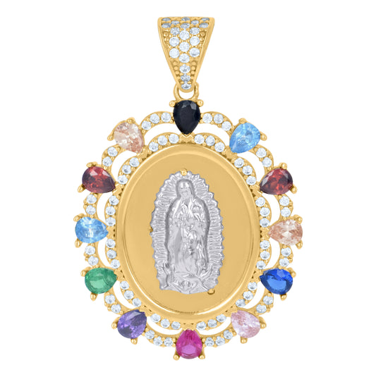 14K Two-Tone Gold Womens Multi-Color Pear Round Cubic-Zirconia Guadalupe Religious Charm Pendant