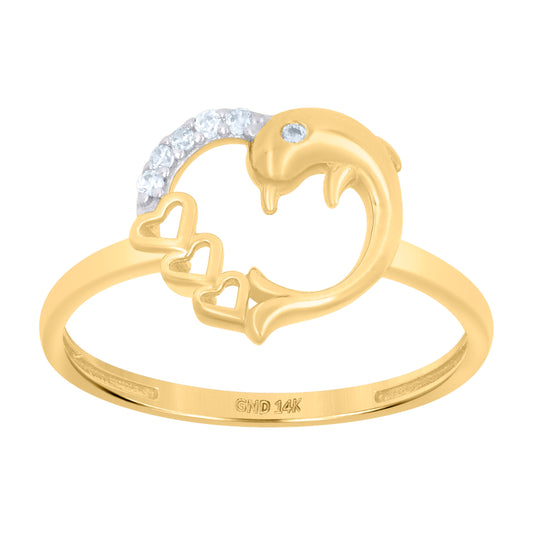 14K Two-Tone Gold Womens Cubic-Zirconia Dolphin Heart Ring
