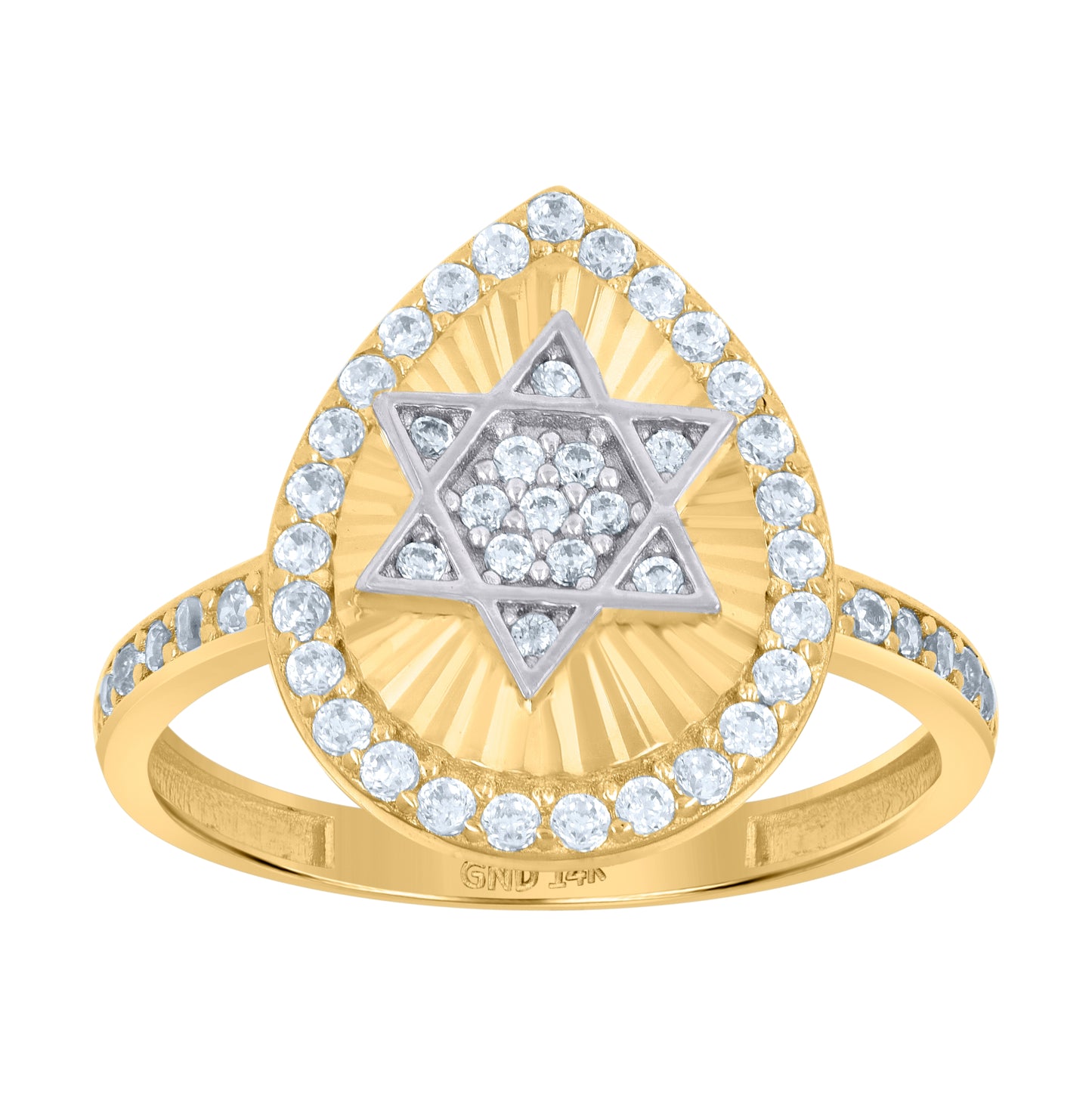 14K Two-Tone Gold Womens Cubic-Zirconia Teardrop Star Of David Symbol Religious Ring