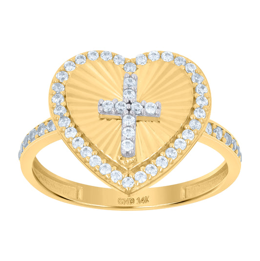 14K Two-Tone Gold Womens Cubic-Zirconia Cross Heart Ring