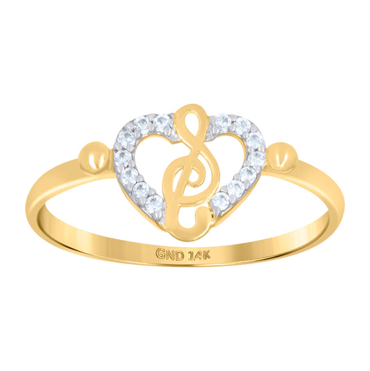 14K Two-Tone Gold Womens Cubic-Zirconia Treble Clef Heart Ring