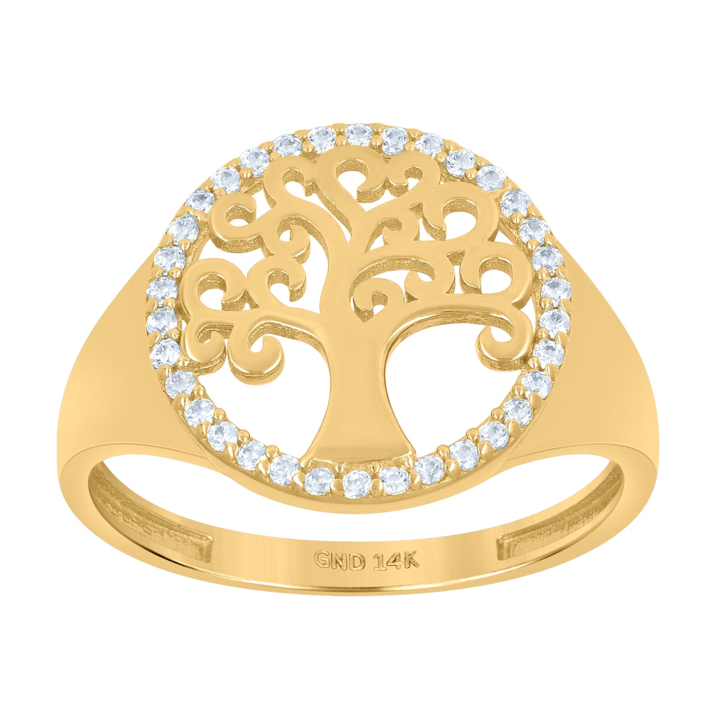 14K Yellow Gold Womens Cubic-Zirconia Tree Of Life Good Luck Ring