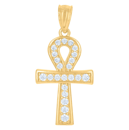 10K Yellow Gold Womens Cubic-Zirconia Egyptian Ankh Cross Religious Charm Pendant