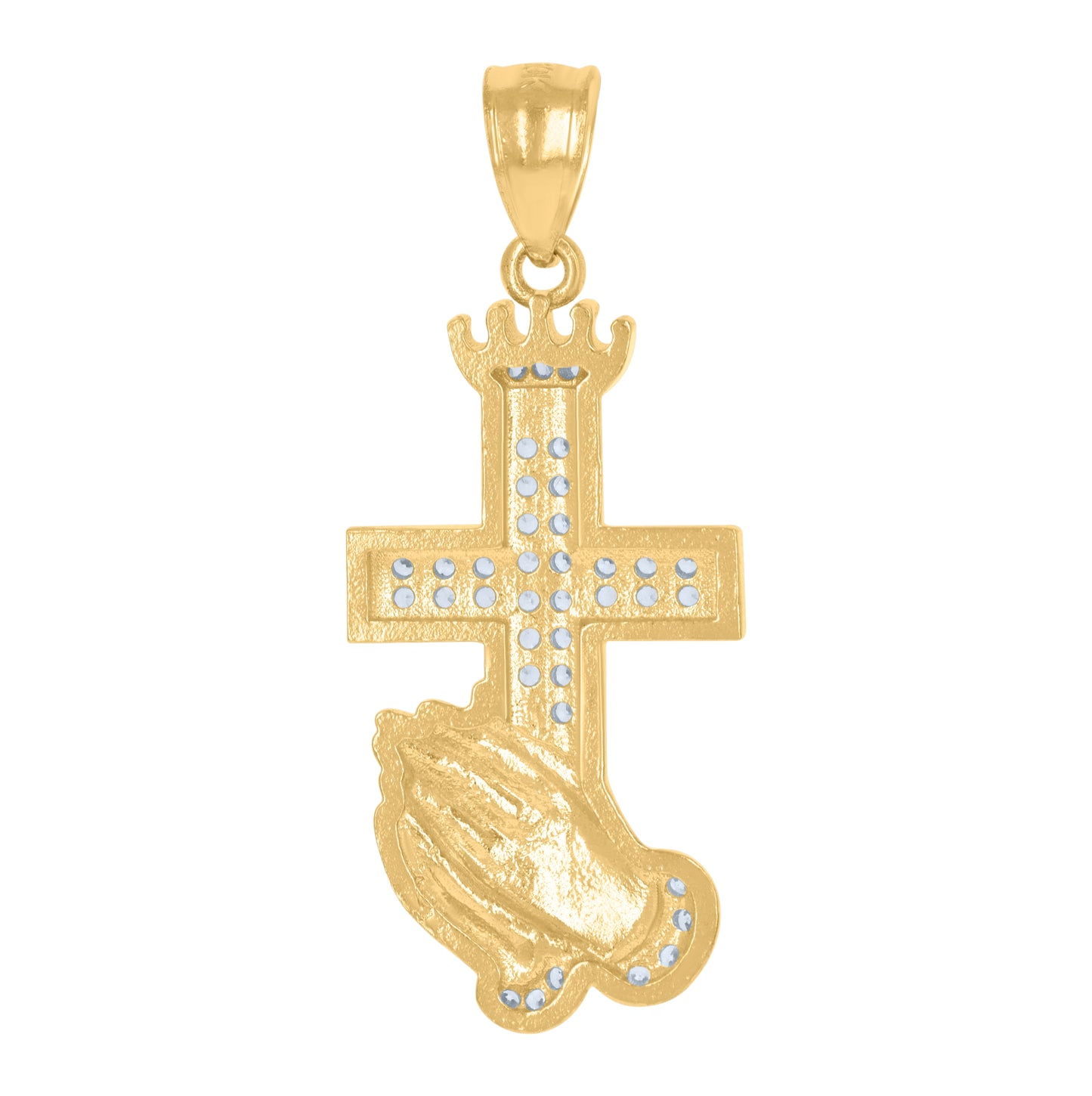 10K Yellow Gold Mens Cubic-Zirconia Praying Hands Cross Religious Charm Pendant