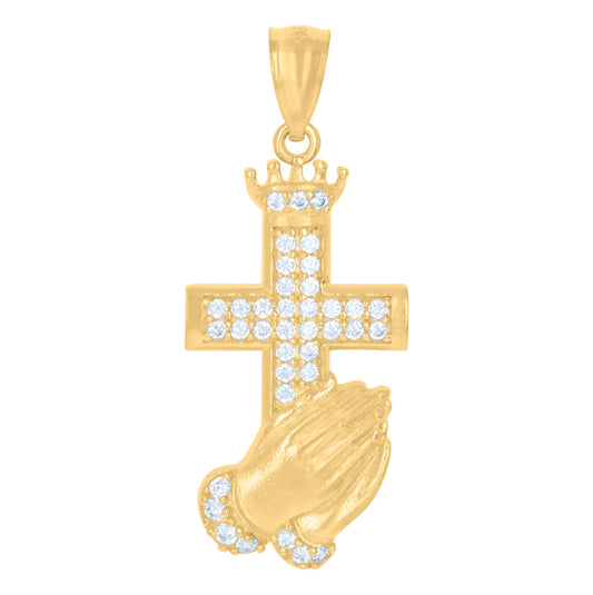 10K Yellow Gold Mens Cubic-Zirconia Praying Hands Cross Religious Charm Pendant