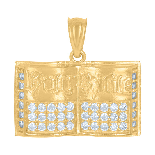 10K Yellow Gold Mens Cubic-Zirconia Holy Bible Holy Book Symbol Religious Charm Pendant