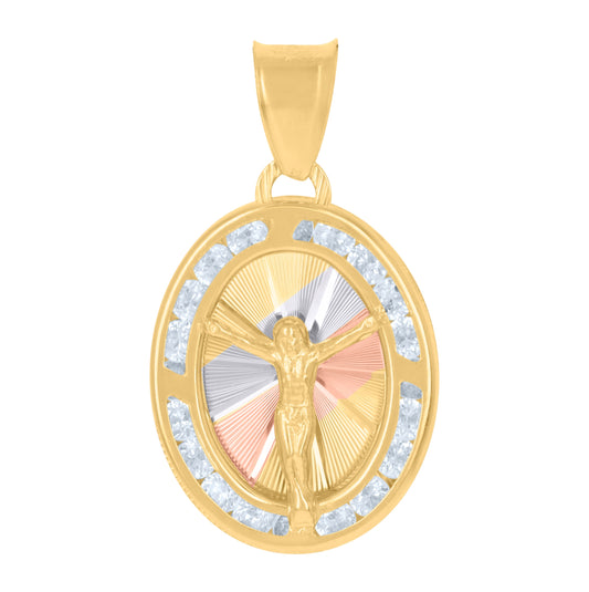 10K Tri-Color Gold Womens Cubic-Zirconia Crucifix Jesus Religious Charm Pendant