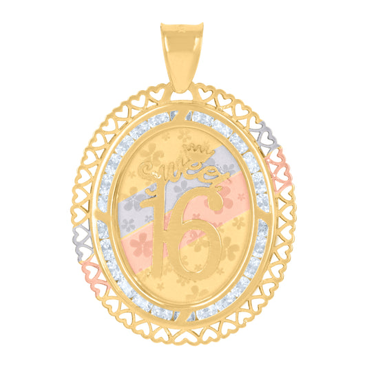 10K Tri-Color Gold Womens Cubic-Zirconia Hearts Border Sweet 16 Quinceanera Charm Pendant