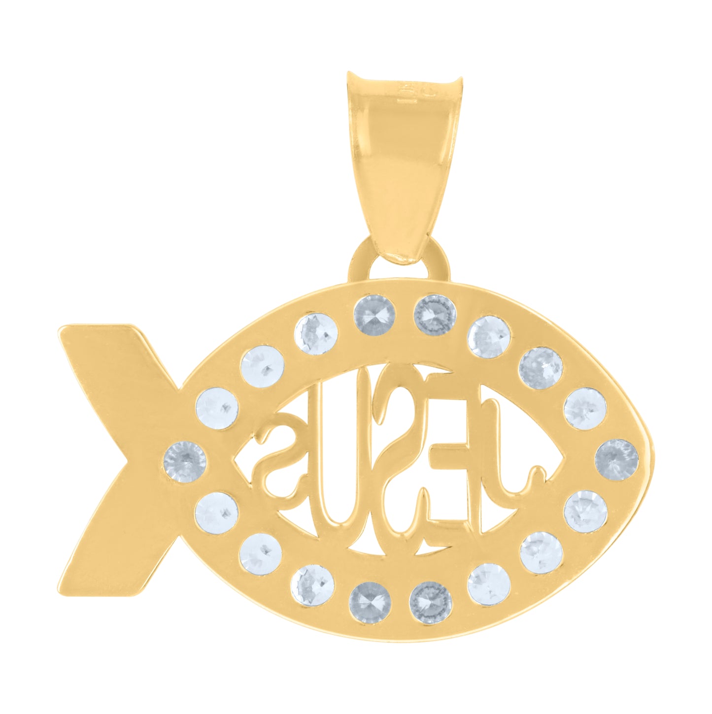 10K Yellow Gold Unisex Cubic-Zirconia Ichthus Jesus Religious Charm Pendant