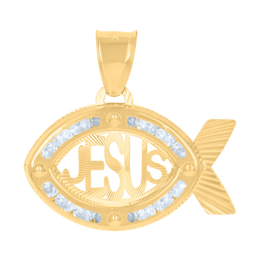10K Yellow Gold Unisex Cubic-Zirconia Ichthus Jesus Religious Charm Pendant
