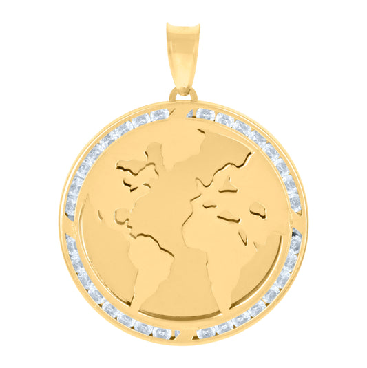 10K Yellow Gold Mens Cubic-Zirconia World Map Charm Pendant