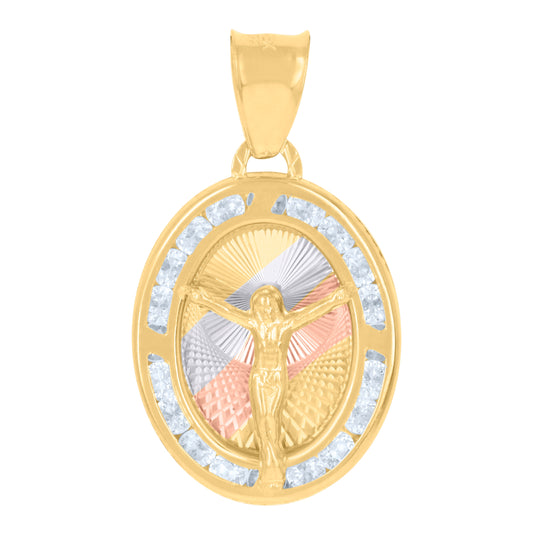 10K Tri-Color Gold Womens Cubic-Zirconia Crucifix Jesus Religious Charm Pendant