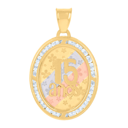 10K Tri-Color Gold Womens Cubic-Zirconia Anos 15 Quinceanera Charm Pendant