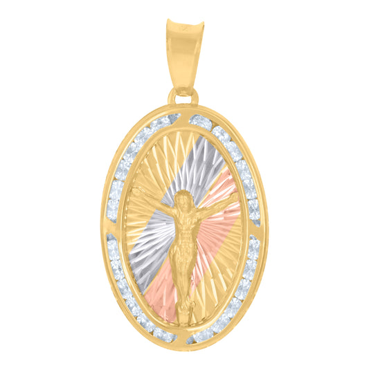 10K Tri-Color Gold Mens Cubic-Zirconia Crucifix Jesus Religious Charm Pendant