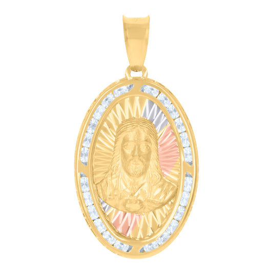 10K Tri-Color Gold Mens Cubic-Zirconia Jesus Religious Charm Pendant