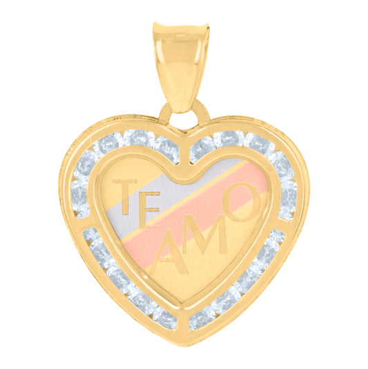 10K Tri-Color Gold Womens Cubic-Zirconia Te Amo Heart Charm Pendant