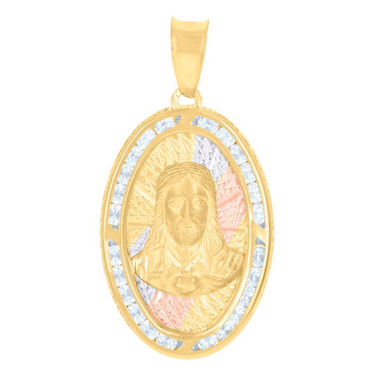 10K Tri-Color Gold Mens Cubic-Zirconia Jesus Religious Charm Pendant