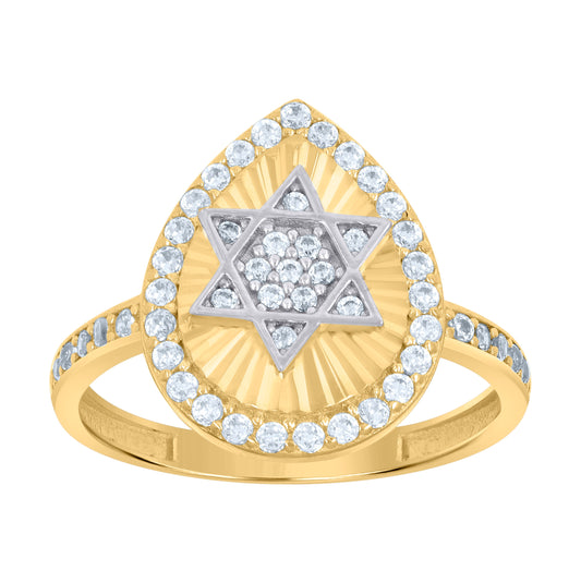 10K Two-Tone Gold Womens Cubic-Zirconia Tear Drop Star Of David Symbols Religious Ring