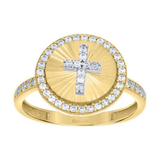 10K Two-Tone Gold Womens Cubic-Zirconia Cross Religious Ring
