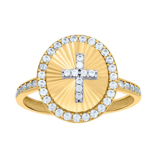 10K Two-Tone Gold Womens Cubic-Zirconia Cross Religious Ring