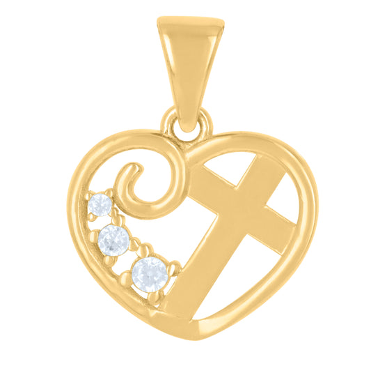 10K Yellow Gold Womens Cubic-Zirconia Heart Cross Religious Charm Pendant