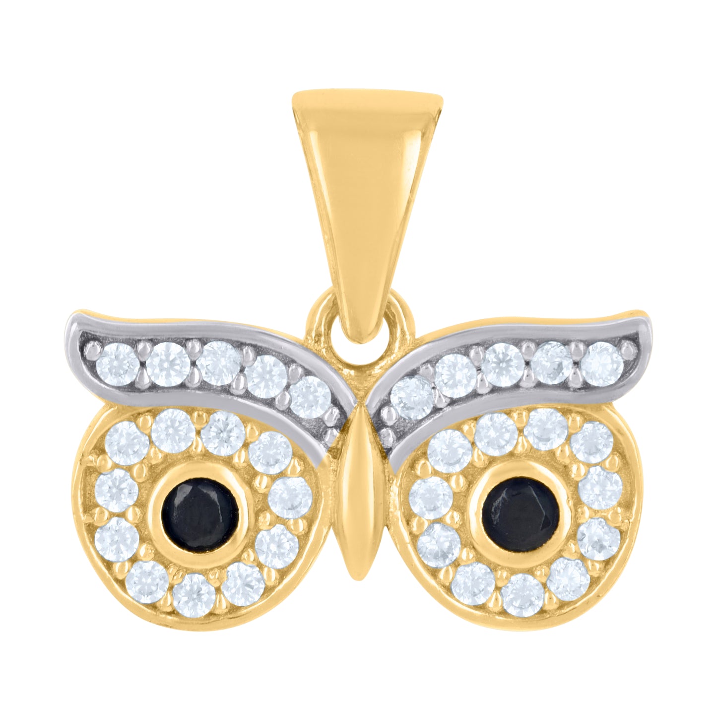 10K Two-tone Gold Womens Black White Cubic-Zirconia Owl Eyes Bird Wildlife Charm Pendant