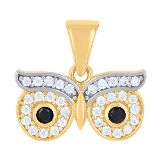 10K Two-tone Gold Womens Black White Cubic-Zirconia Owl Eyes Bird Wildlife Charm Pendant