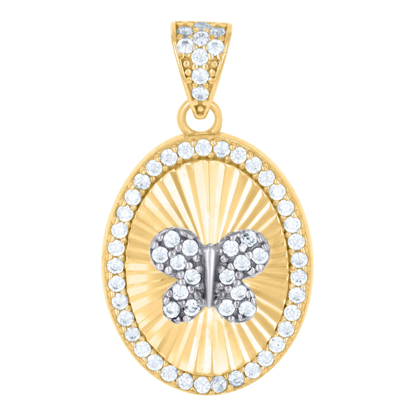 10K Two-tone Gold Womens Cubic-Zirconia Oval Medallion Butterfly Insect Wildlife Charm Pendant