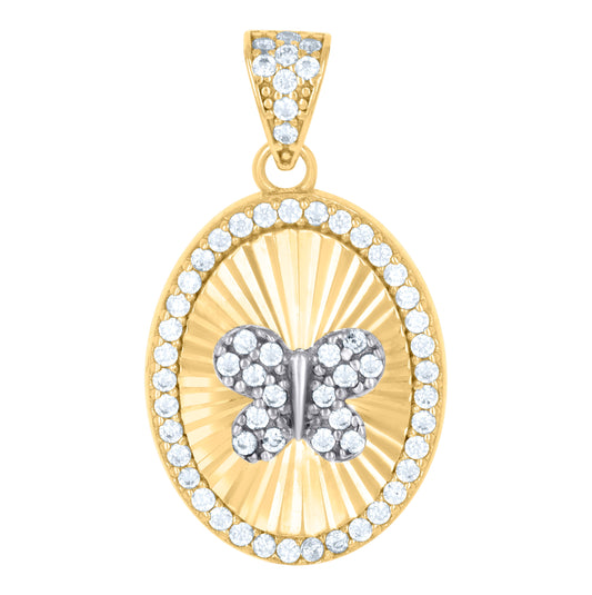 10K Two-tone Gold Womens Cubic-Zirconia Oval Medallion Butterfly Insect Wildlife Charm Pendant