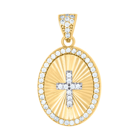 10K Two-tone Gold Womens Cubic-Zirconia Oval Medallion Cross Religious Charm Pendant