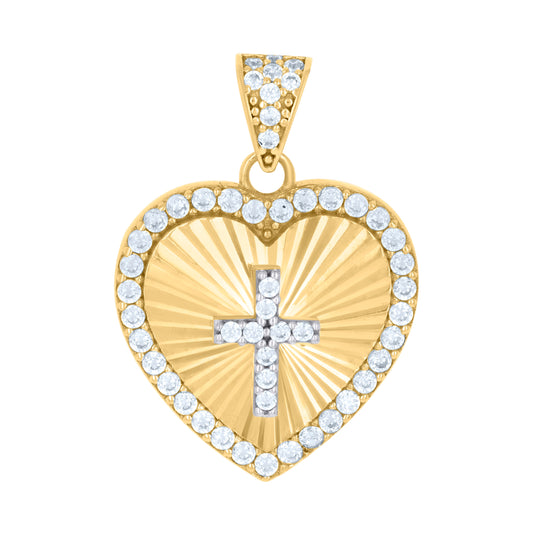 10K Two-tone Gold Womens Cubic-Zirconia Heart Cross Religious Charm Pendant