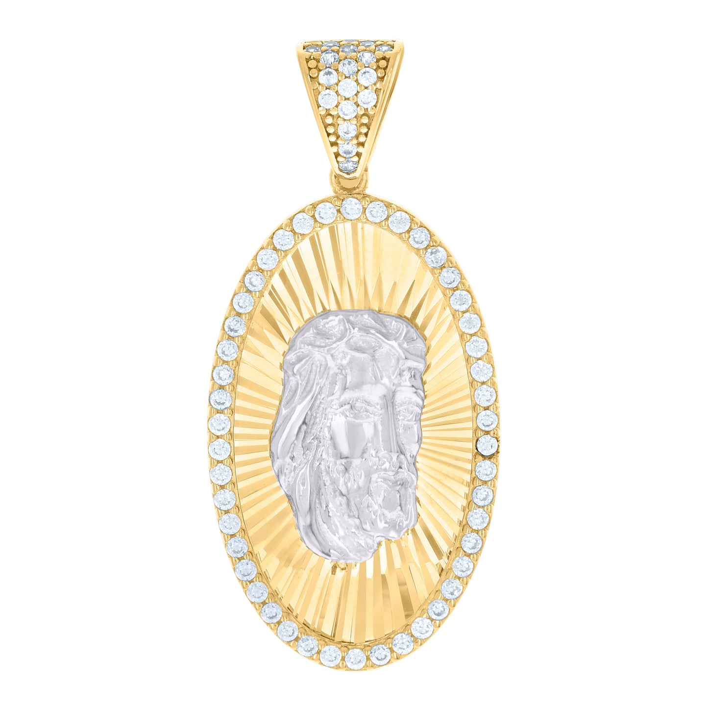 10K Two-tone Gold Mens Cubic-Zirconia Oval Medallion Jesus Religious Charm Pendant