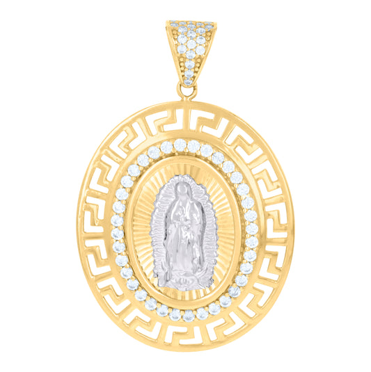 10K Two-tone Gold Unisex Cubic-Zirconia Greek Key Border Oval Medallion Guadalupe Religious Charm Pendant