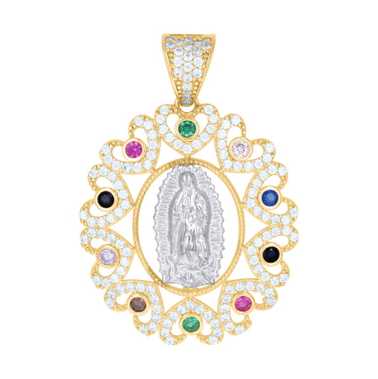 10K Two-tone Gold Womens Multi-color Cubic-Zirconia Oval Medallion Guadalupe Religious Charm Pendant