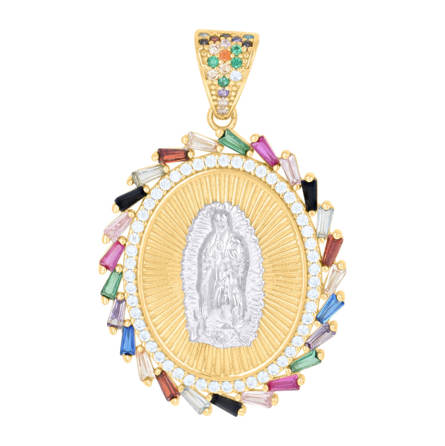10K Two-tone Gold Womens Multi-color Baguette Round Cubic-Zirconia Oval Medallion Guadalupe Religious Charm Pendant