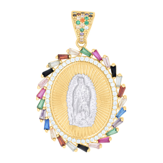 10K Two-tone Gold Womens Multi-color Baguette Round Cubic-Zirconia Oval Medallion Guadalupe Religious Charm Pendant