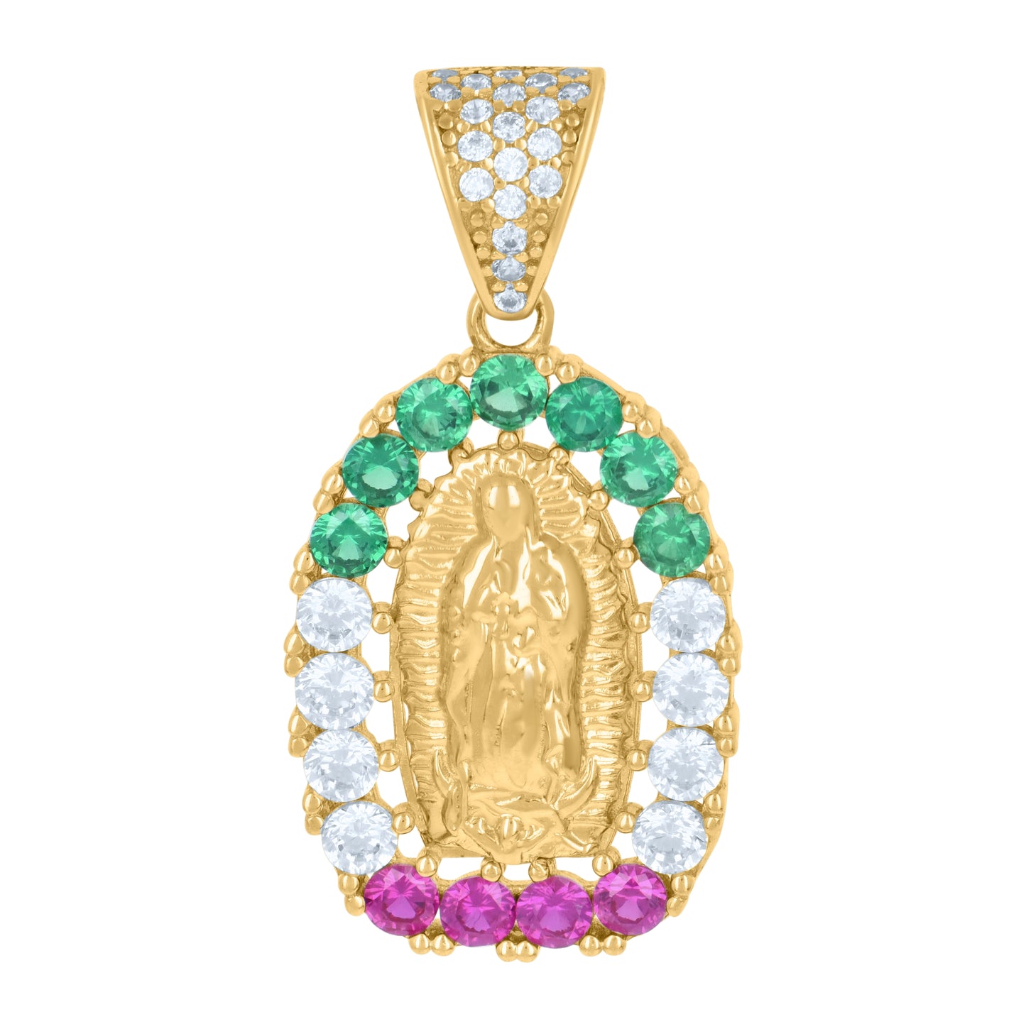 10K Yellow Gold Womens Pink/Green White Cubic-Zirconia Guadalupe Religious Charm Pendant