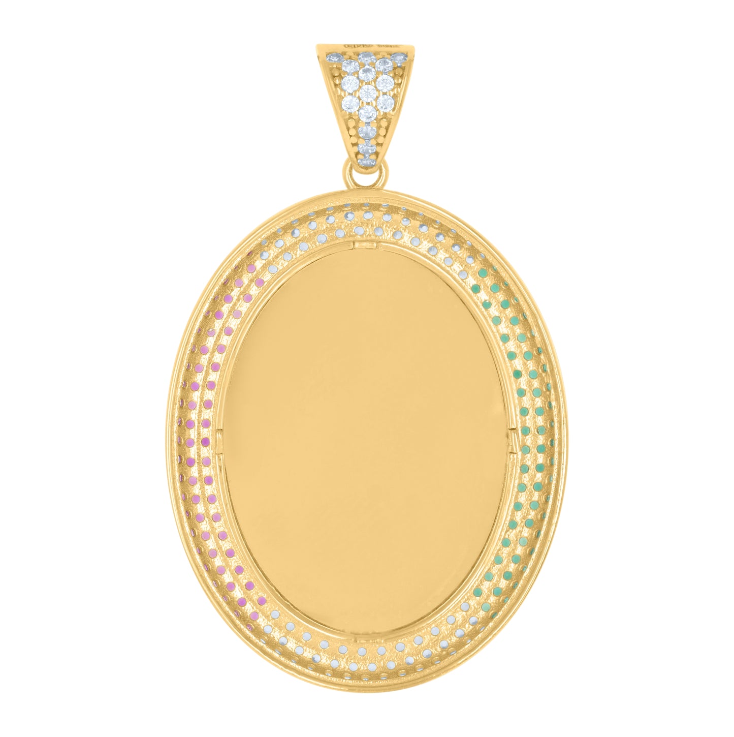 10K Two-tone Gold Mens Pink/Green Cubic-Zirconia Oval Medallion Guadalupe Religious Charm Pendant