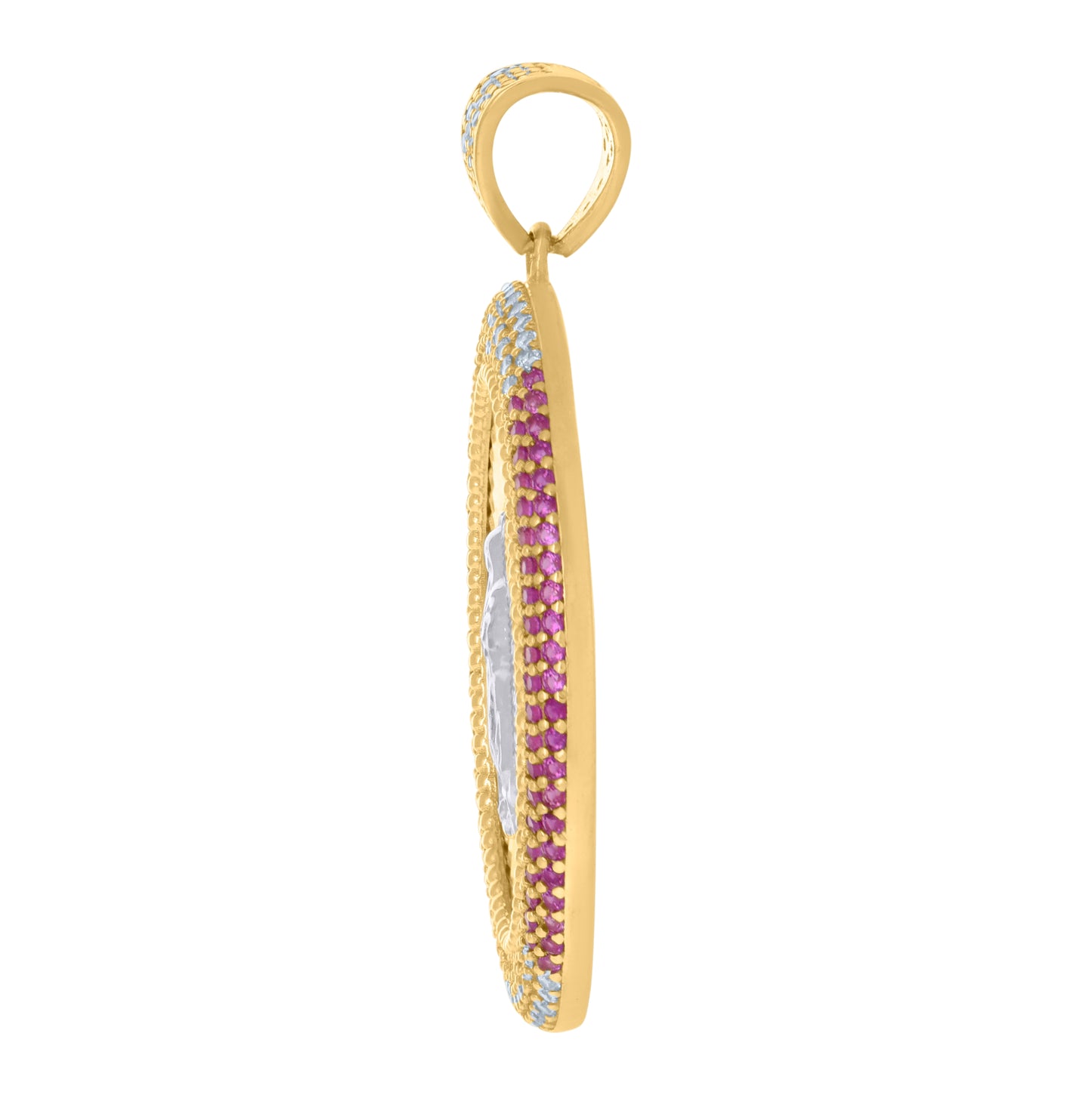 10K Two-tone Gold Mens Pink/Green Cubic-Zirconia Oval Medallion Guadalupe Religious Charm Pendant
