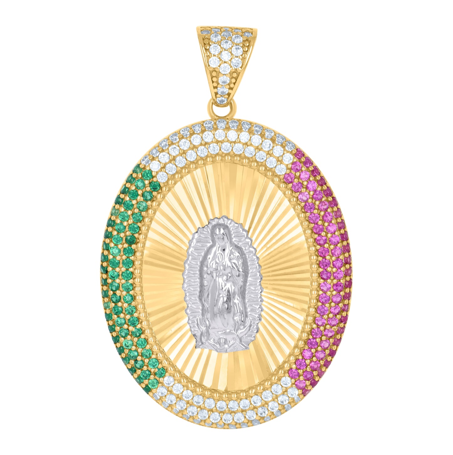 10K Two-tone Gold Mens Pink/Green Cubic-Zirconia Oval Medallion Guadalupe Religious Charm Pendant