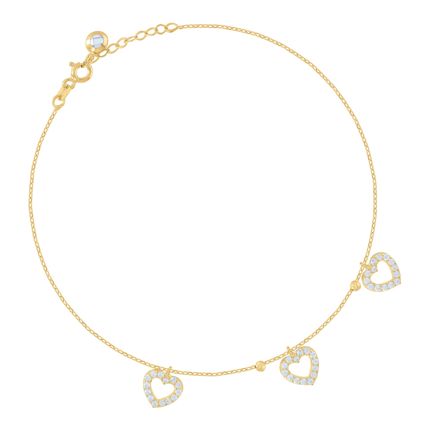 10K Yellow Gold Womens Cubic-Zirconia Heart Beaded Charm 10" Anklet