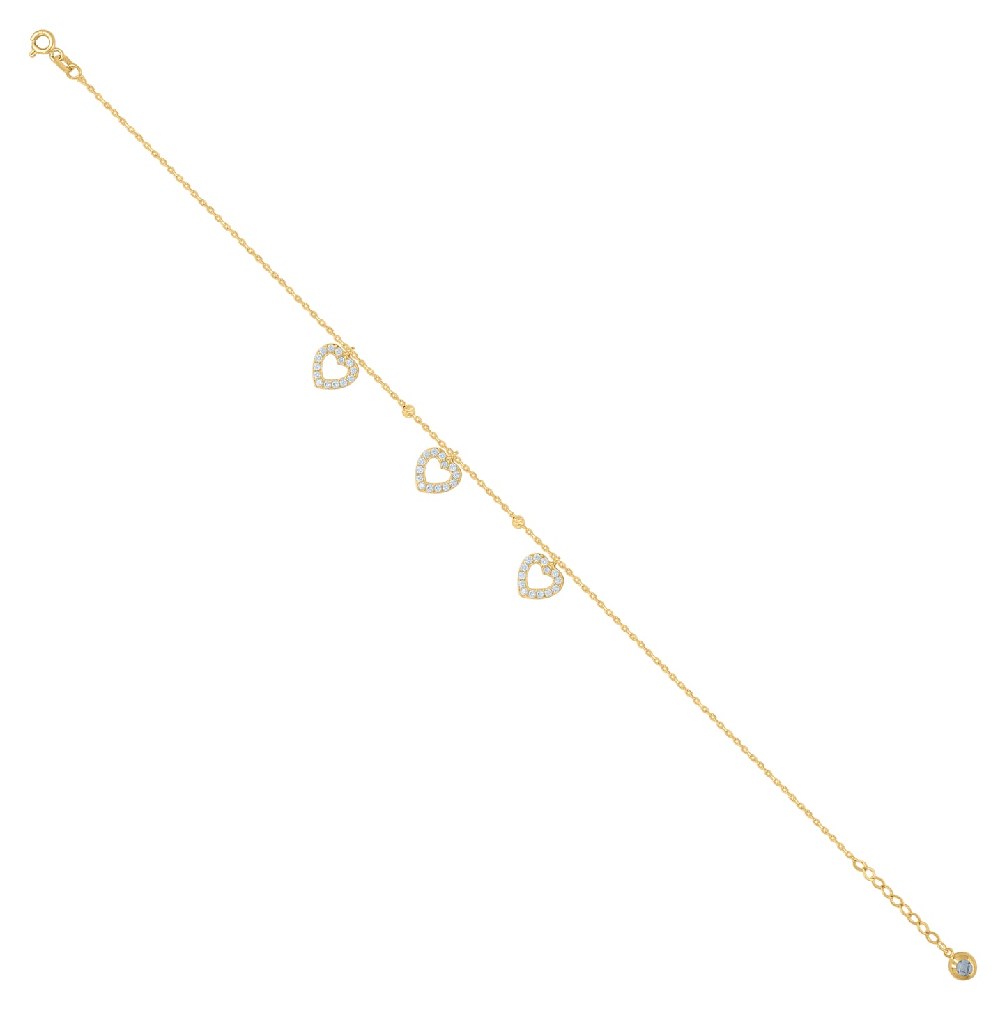 10K Yellow Gold Womens Cubic-Zirconia Heart Beaded Charm 10" Anklet