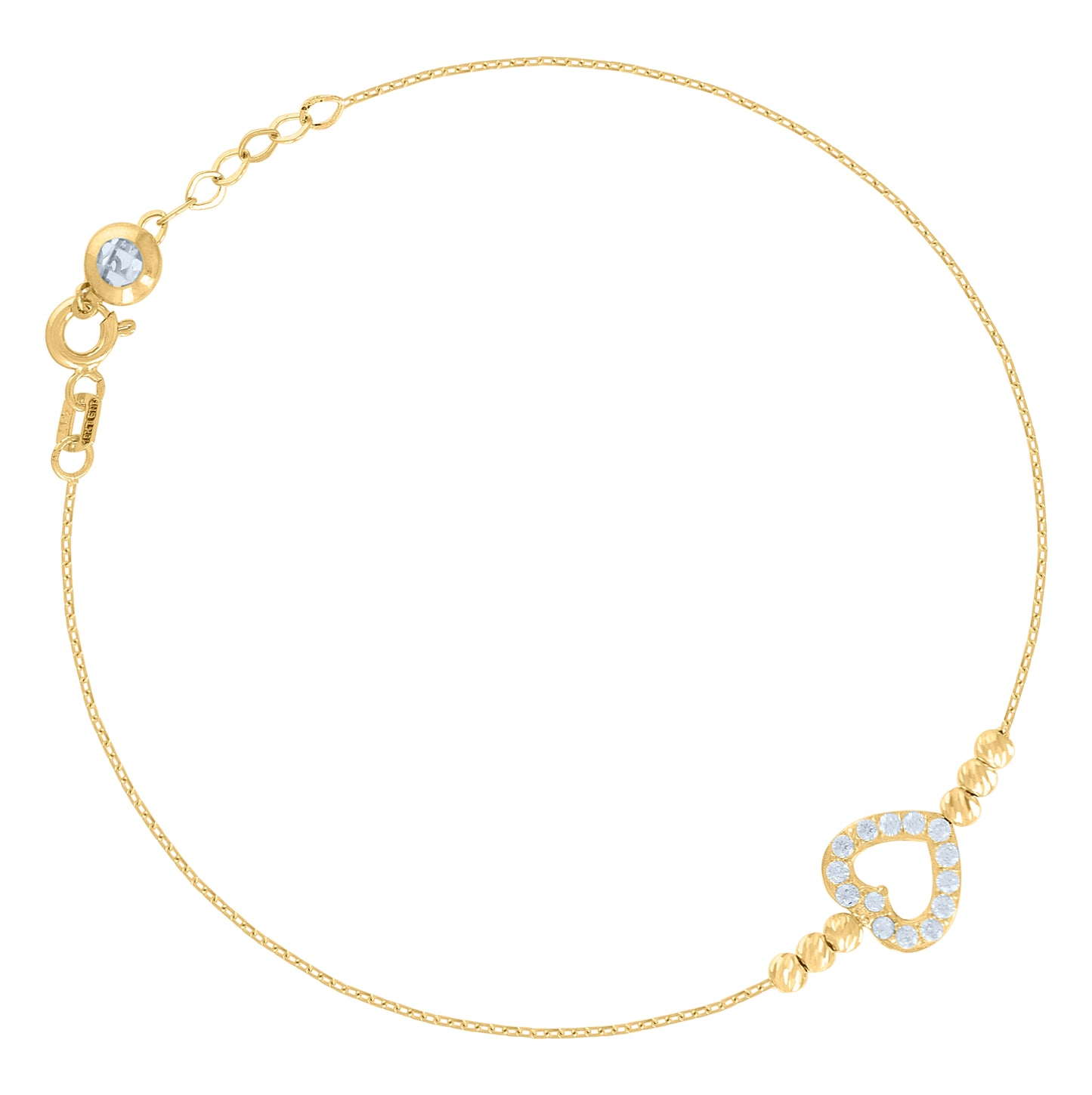 10K Yellow Gold Womens Cubic-Zirconia Heart Beaded Charm 8" Bracelet