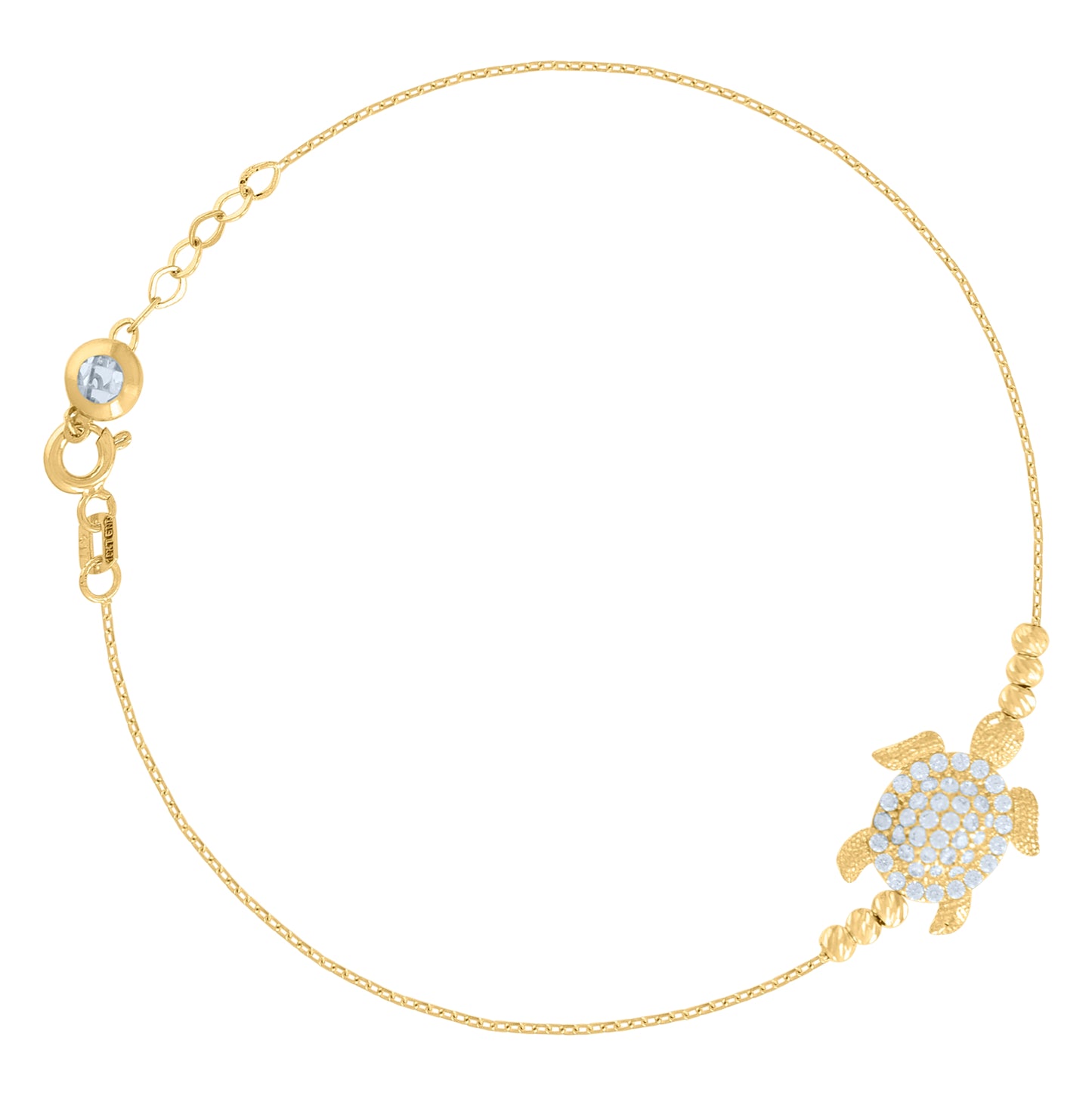 10K Yellow Gold Womens Cubic-Zirconia Turtle Beaded Charm 8" Bracelet